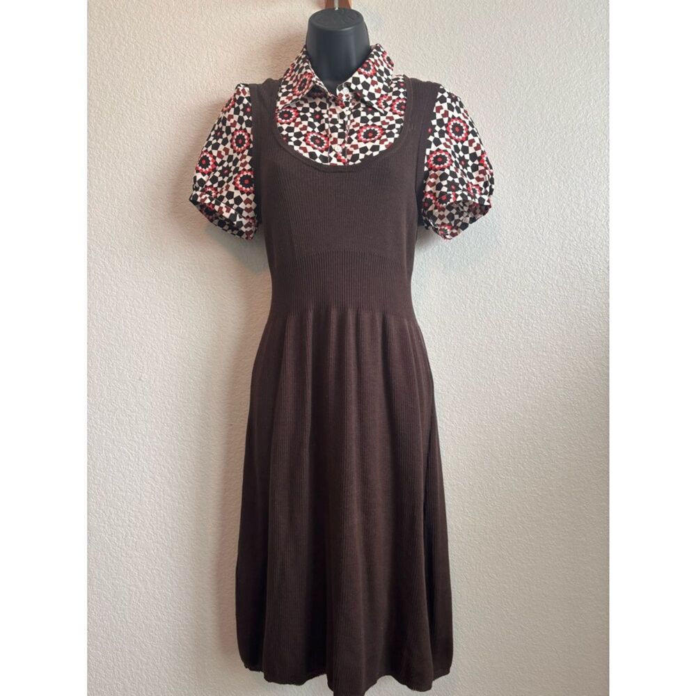 Tory Burch Brown Knit Midi Dress with Printed Puff-Sleeve Blouse